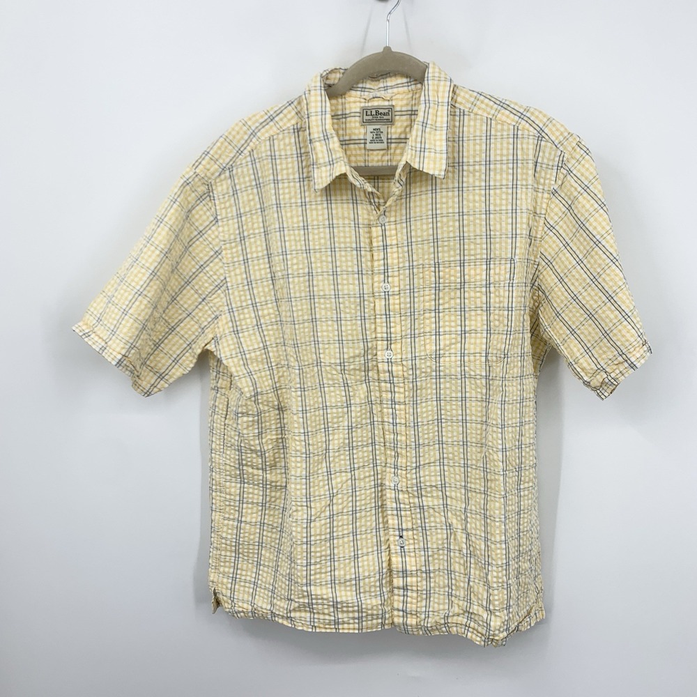 LL Bean Men Size‎ Large Shirt Button Down Top Short Sleeve Yellow Plaid Cotton